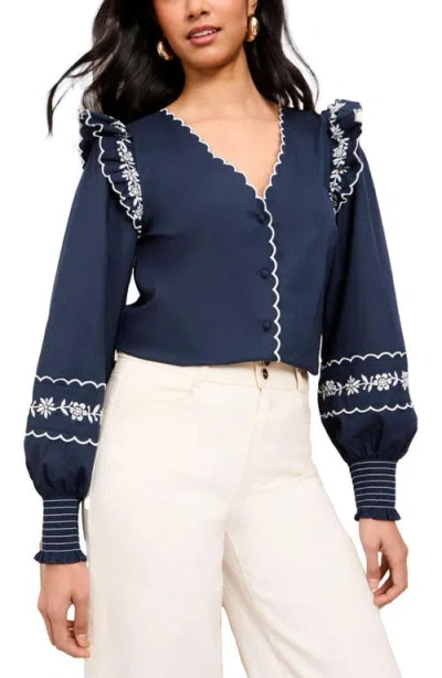 Friends Like These Ruffle Embroidered Scallop Trim Top In Blue