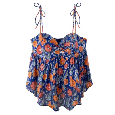 Friesenguys Women's Blue / Yellow / Orange Twilight Blossom Floral Cami Ribbon Top In Blue/yellow/orange