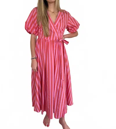 FRNCH AELIA STRIPE SHORT SLEEVE WRAP MIDI DRESS IN PINK