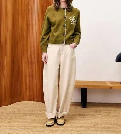 Frnch Bergamote Embroidered Cardigan In Olive/ Khaki In Green
