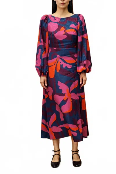 Frnch Floral Long-sleeve Midi Dress In Pink In Multi