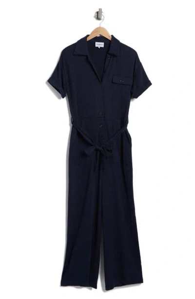 Frnch Giselle Short Sleeve Linen Blend Jumpsuit In Bleu Marine