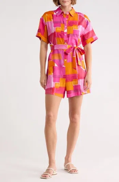 Frnch Leoline Tie Waist Linen Blend Romper In Multi