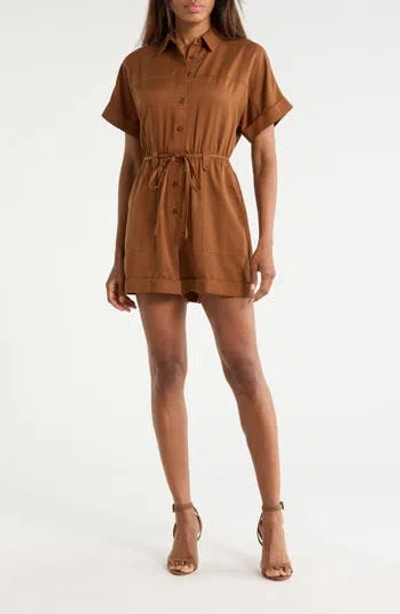 Frnch Lily Tie Waist Romper In Brown