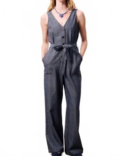 Frnch Linen Blend Jumpsuit In Bleu Marine In Gray
