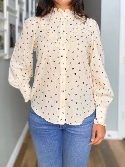 Frnch Long Sleeve Cherry Print Top In Cream/black In Neutral