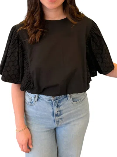 Frnch Midnight Charm Eyelet Sleeve Top In Black