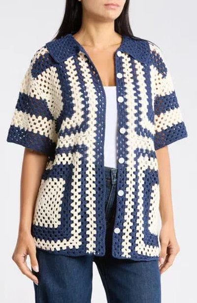 Frnch Pilar Short Sleeve Crochet Cardigan In Blue