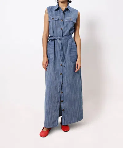 Frnch Scarlet Stripe Button Collared Maxi Dress In Navy In Blue