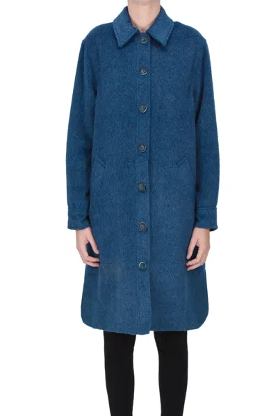 Frnch Shirt Style Long Coat In Navy Blue