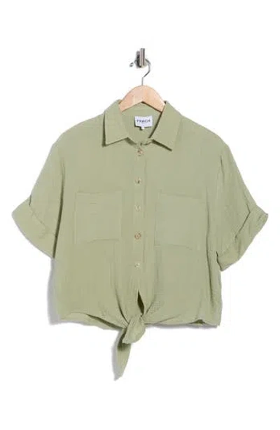 Frnch Short Sleeve Tie Front Button-up Top In Green