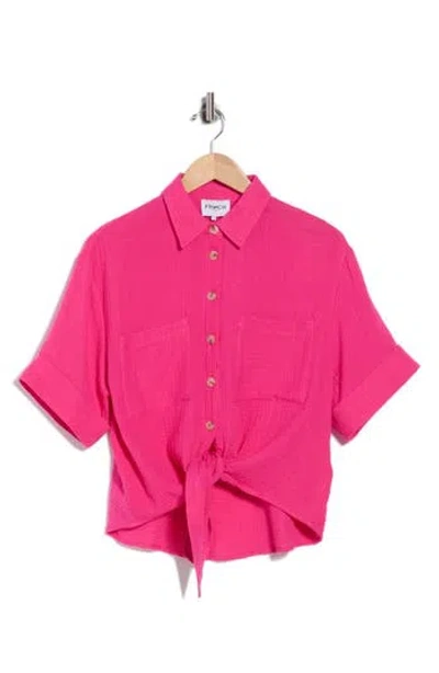 Frnch Short Sleeve Tie Front Button-up Top In Pink