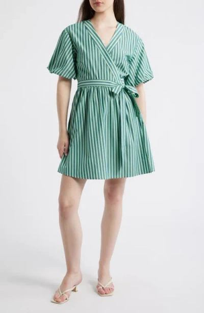 Frnch Sossio Stripe Puff Sleeve Wrap Dress In Green