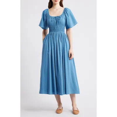 Frnch Yemanja Short Sleeve Cotton Fit & Flare Dress In Blue