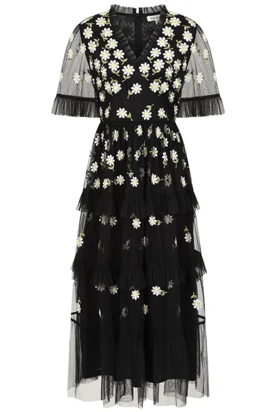 Frock And Frill Women's Amy Black Floral Embroidered Midi Dress