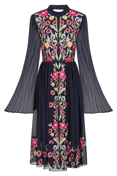 Frock And Frill Women's Blue Cerelia Navy Floral Embroidered Midi Dress