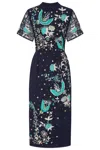 Frock And Frill Floral Embroidered Midi Gown In Blue