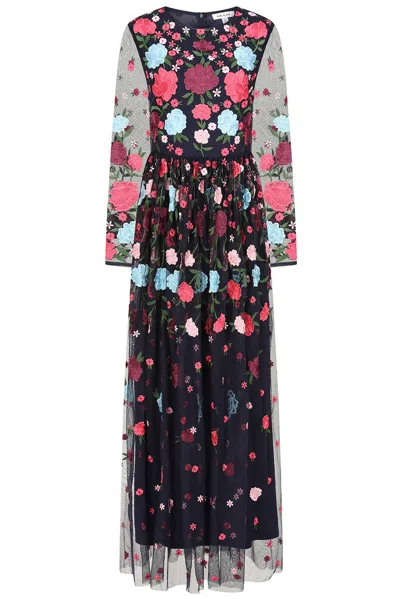 Frock And Frill Women's Blue Iris Navy Floral Embroidered Maxi Dress