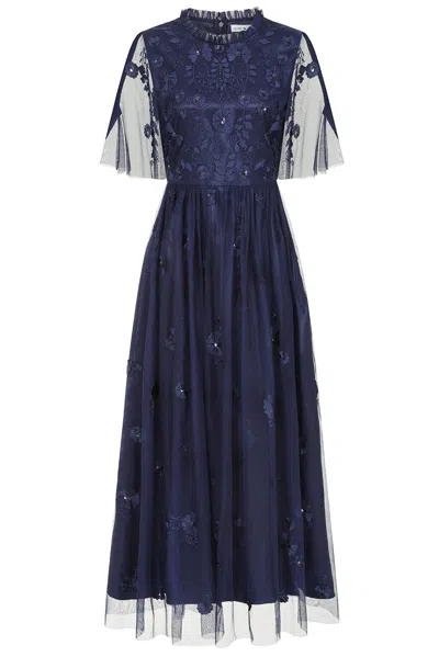 Frock And Frill Women's Blue Rowen Navy Embroidered Midaxi Dress