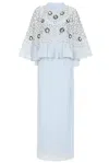 Frock And Frill Women's Celeste Blue Embellished Maxi Dress With Detachable Cape