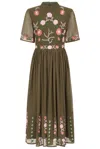 Frock And Frill Women's Green Silvia Olive Floral Embroidered Midi Dress In Green