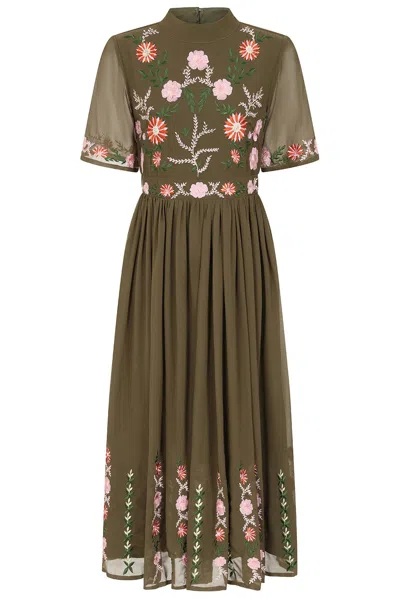 Frock And Frill Women's Green Silvia Olive Floral Embroidered Midi Dress