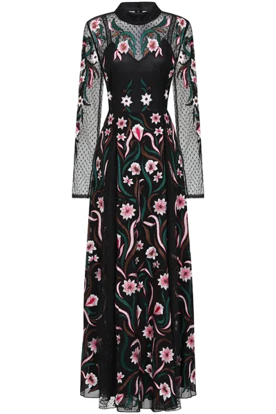 Frock And Frill Women's Liana Black Floral Embroidered Maxi Dress