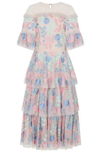Frock And Frill Women's Neutrals Erica Floral Embroidered Tiered Midi Dress In Blue