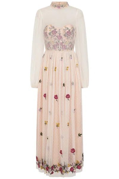 Frock And Frill Women's Neutrals Gaia Champagne Floral Embroidered Maxi Dress In White