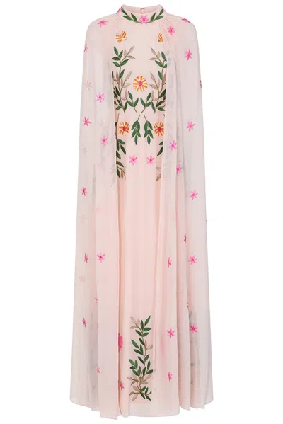 Frock And Frill Women's Neutrals Ingrid Blush Floral Embroidered Cape Sleeve Maxi Dress In Orange