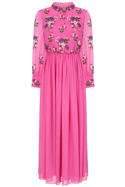Frock And Frill Women's Pink / Purple Freya Pink Floral Embroidered Midaxi Dress In Pink/purple