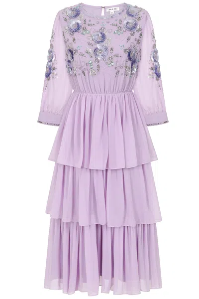 Frock And Frill Women's Pink / Purple Yolanda Floral Embellished Midi Dress - Lilac In Pink/purple