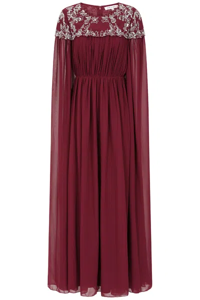 Frock And Frill Women's Red Aruna Burgundy Embellished Cape Sleeve Maxi Dress