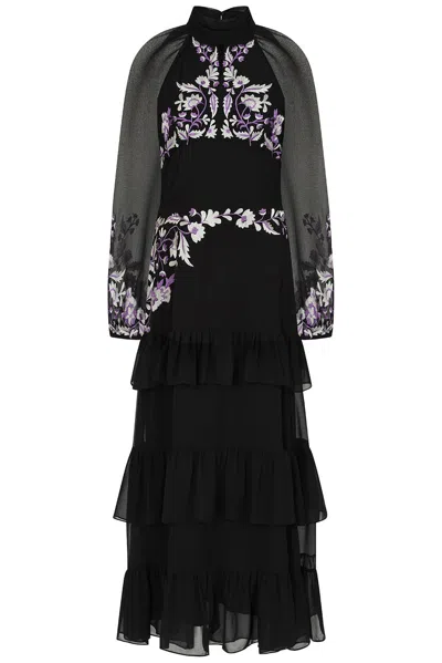 Frock And Frill Women's Sable Black Embroidered Midaxi Dress