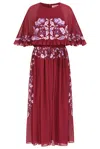 Frock And Frill Women's Scarlett Burgundy Embroidered Midi Dress With Cape Detail In Red