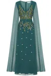 Frock And Frill Women's Thalia Green Embroidered Cape Sleeve Maxi Dress