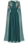 Frock And Frill Women's Verity Green Embellished Cape Sleeve Maxi Dress