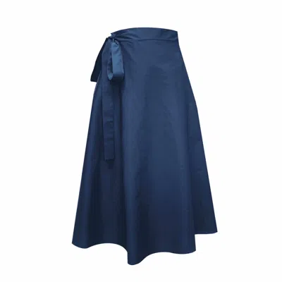 Frock Tales Women's Blue Illusion Midi Wrap Skirt With Pockets In Navy