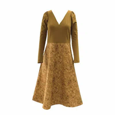 Frock Tales Women's Gold / Yellow / Orange Frolic Midi Dress In Ochre Waves With Pockets In Gold/yellow/orange