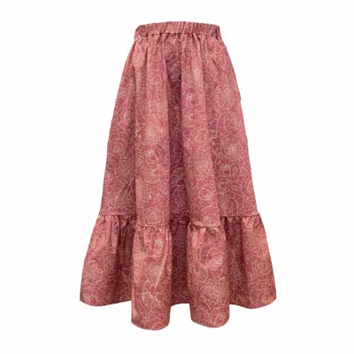 Frock Tales Women's Pink / Purple Boho Gathered Midi Skirt With Pockets In Rose Pink Floral In Pink/purple