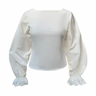 Frock Tales Women's White Maranta Top With Lace Cuffs In Ivory