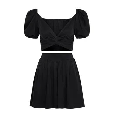Frolickers Black Convertible Silky Puff Sleeve Crop Top & Shorts Set