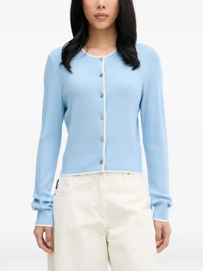From Future Ribbed-knit Contrast-trim Cardigan In Blue