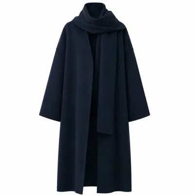 Front Row Shop Women's Blue Oversized Double Faced Scarf Coat Navy