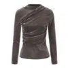 Front Row Shop Women's Grey Velvet Mesh Asymmetric Draped Top In Brown