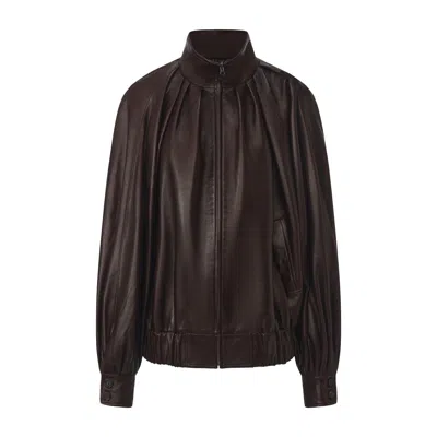 Front Row Shop Women's Soft Pleated Balloon Leather Jakcet Dark Brown