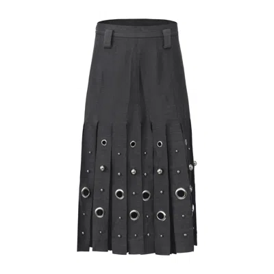 Front Row Shop Women's Studded Layered Pleat Skirt Grey Melange