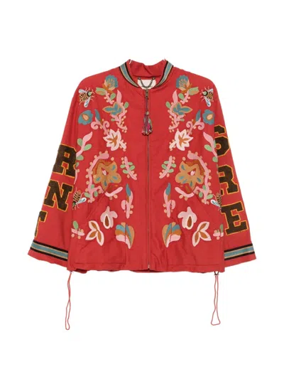 Front Street 8 Embroidered Cotton Bomber Jacket In Red