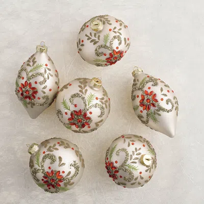 Frontgate Set Of 6 Decorated Holly Berry Ornaments In Neutral