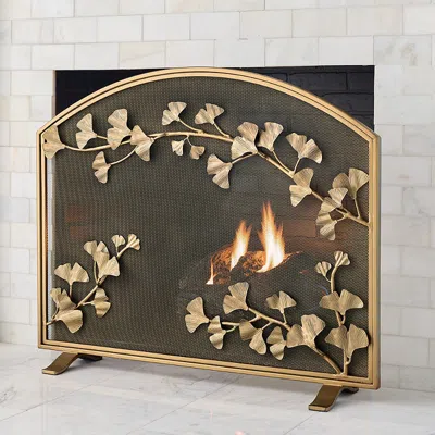 Frontgate Gingko Leaf Mesh Fireplace Screen In Gold